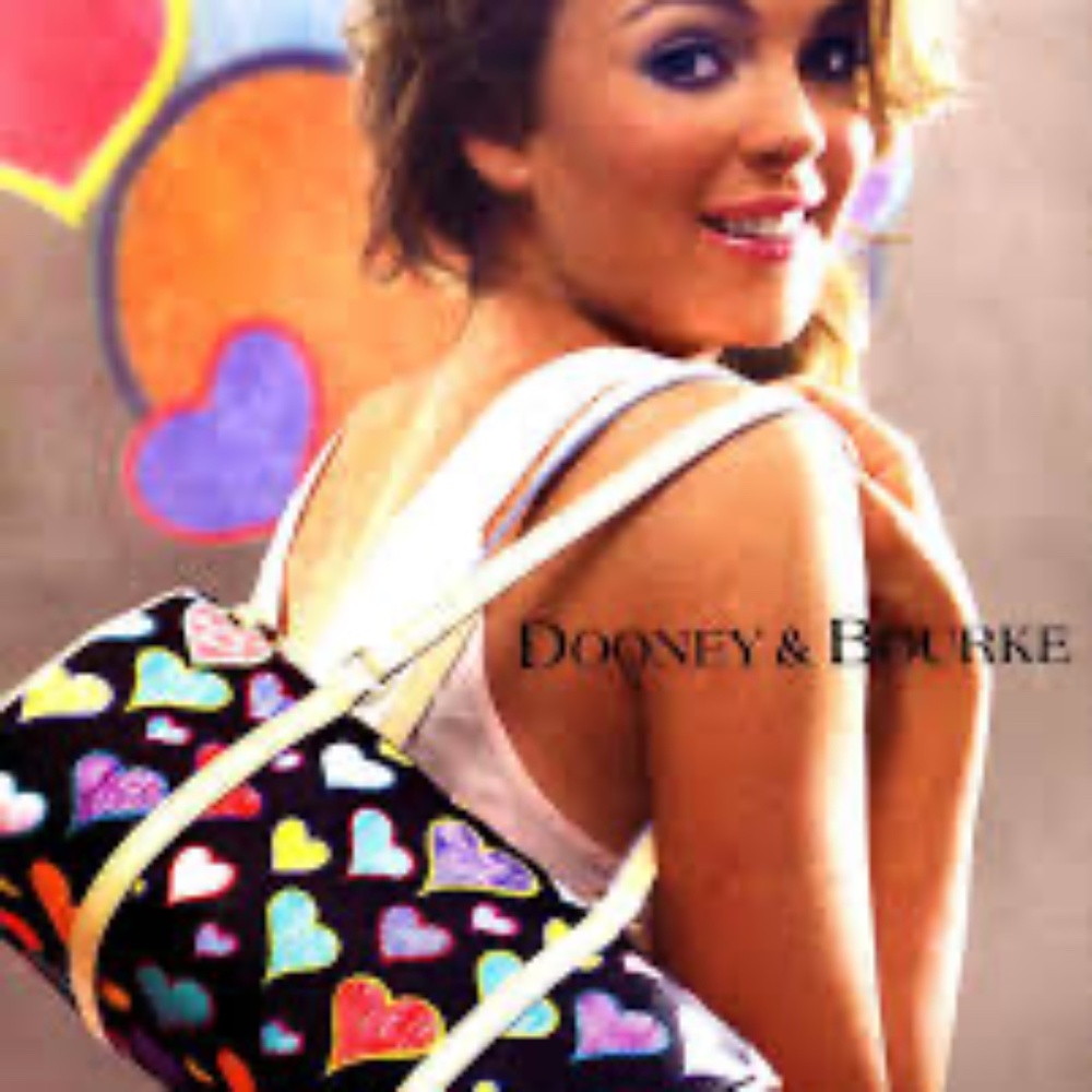 Dooney & Bourke Black & Tan Leather Hearts Barrel Bag